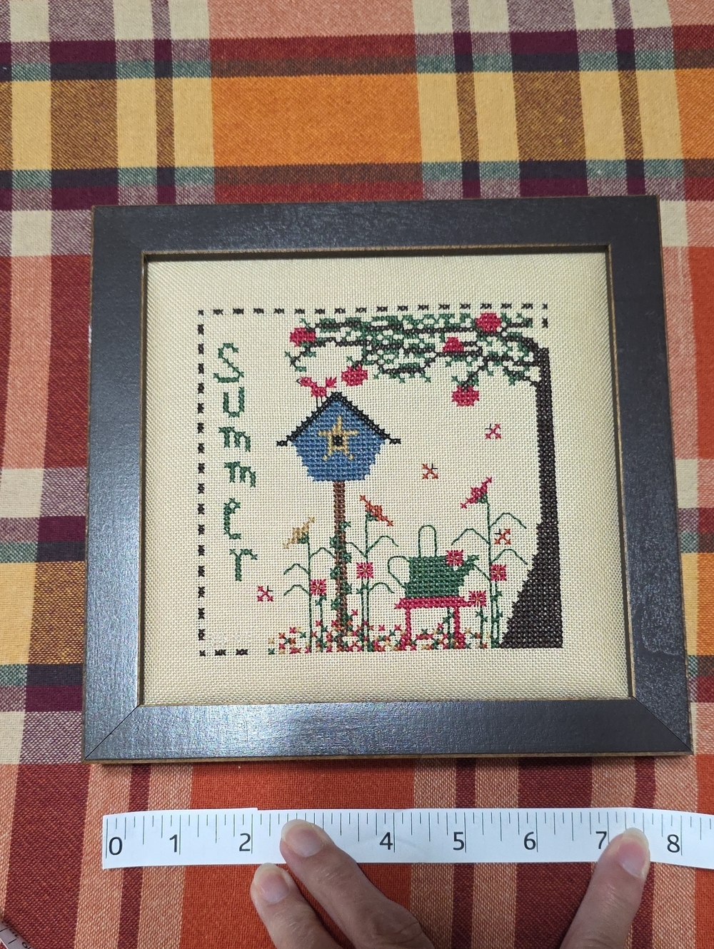 Framed Summer Birdhouse Cross-Stitch Wall Art - Blue & Green
